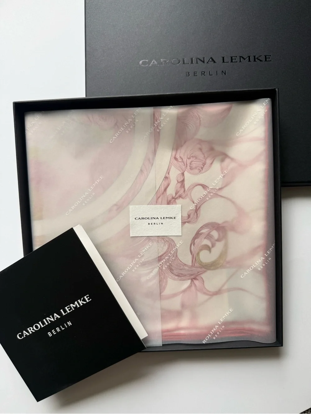 NEW Carolina Lemke Silk Pink &Cream Equestrian Celestial Rose Floral Swirl Scarf